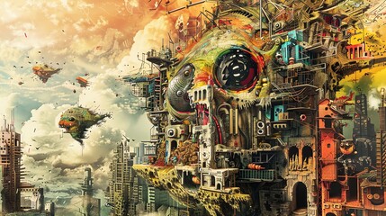 Explore the fusion of dystopian imagery and vibrant street art on a digital canvas