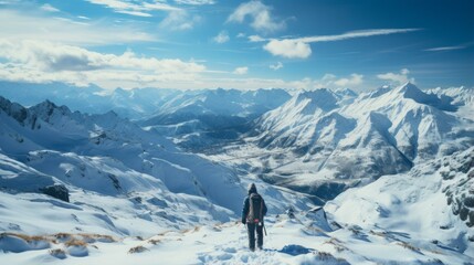 A lone hiker stands on a snowy mountaintop and gazes at theå£®ä¸½çš„é›ªå±±é£Žå…‰