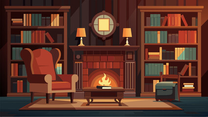 Fototapeta premium A traditional study with dark wood paneling and a fireplace featuring a curated collection of books and a comfortable leather wingback chair..