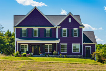 An elegant eggplant purple house with siding, nestled on a large lot in a quiet neighborhood, showcasing traditional windows and shutters, under a bright, clear sky.