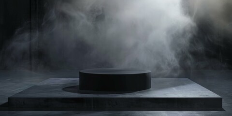 Black podium with white smoke floating around on black background. 3D rendering.
