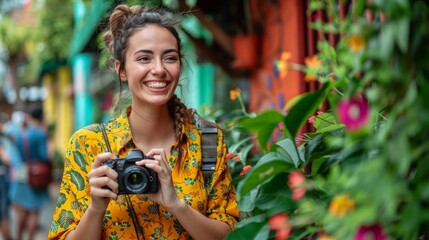Young woman photographer taking pictures of flowers in a colorful outdoor setting