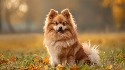 A fluffy brown Pomeranian dog sits in a field of fallen leaves