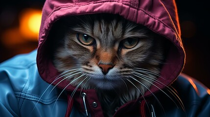 A cat wearing a red and blue hoodie