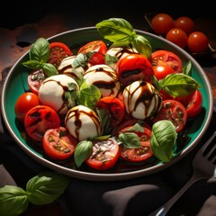 Fresh and colorful salad with tomatoes, mozzarella cheese and basil leaves