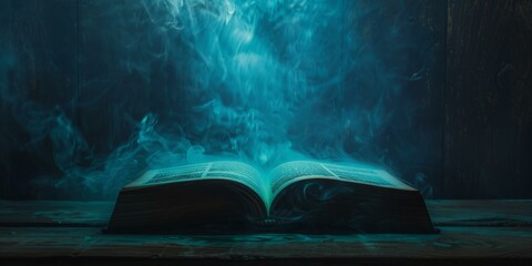 An open book with blue smoke coming out of it