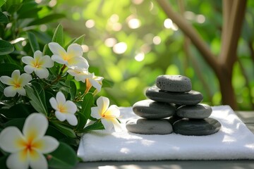 Black stones and white flowers on a white cloth