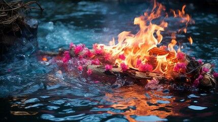 A bonfire floats on a river during a traditional ceremony