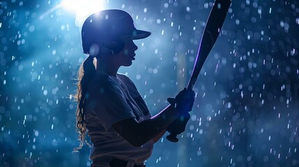 Female baseball batter at night in the rain