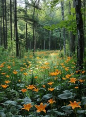 Field of orange lilies in a forest