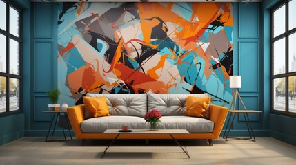 Blue and orange abstract painting in living room interior