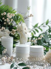 White cosmetic bottles with pearls and flowers