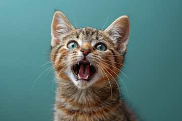 Cute brown tabby cat meowing with its mouth open isolated on a green background in a high quality photo. Created with Ai