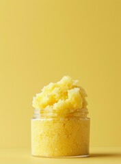 Close-up of a jar of yellow body scrub on a yellow background