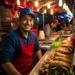Portrait of a Mexican street food vendor smiling at the camera.