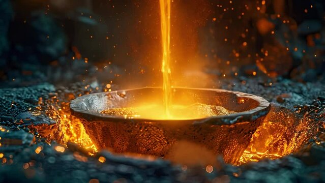 Nickel smelting furnace spewing molten metal and sparks. Concept Metal smelting, Industrial processes, Molten metal, Sparks, Furnaces