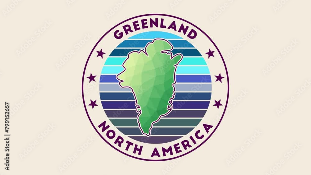 Poster greenland intro video. badge with the circular name and map of the country in low poly tech geometri