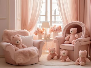 A newborns nursery decorated in shades of pink, with plush toys and delicate details creating a soothing atmosphere