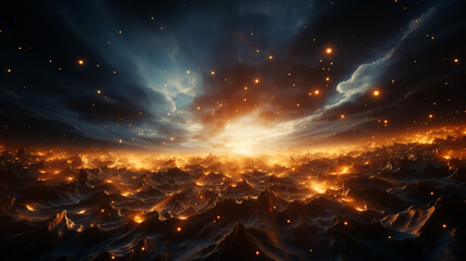 Witnessing the mesmerizing beauty of a dark and glowing sky with fire and smoke