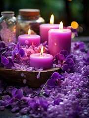Handmade violet candles arranged on a spa table, their soothing aroma enhancing a relaxing ambiance
