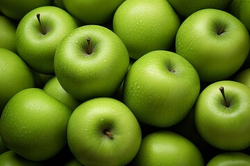 Green apples arranged neatly in a market stall, their fresh, crisp appearance tempting passersby