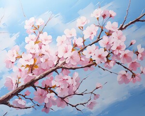 Obraz premium Soft pink cherry blossoms against a clear blue sky, branches gently swaying in the spring breeze