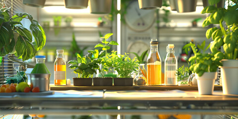 Close-up of a hydroponic farmer's workbench with nutrient solutions and plant samples, illustrating a job in hydroponic farming
