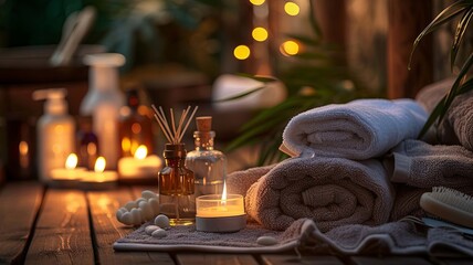 Beautiful spa composition on massage table in wellness center, Generative AI,