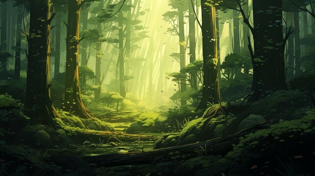 Fototapeta Sunbeams through dense forest canopy 2D cartoon illustration. Warm glow over serene woodland flat image colorful scenery horizontal. Lush vegetation wallpaper background anime art