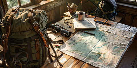 Close-up of a wilderness guide's desk with trail maps and survival gear, showcasing a job in outdoor adventure