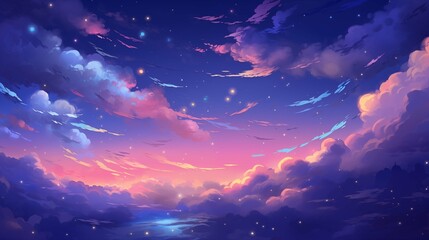 Dreamlike sky at dusk with shimmering stars 2D cartoon illustration. Soft clouds purple hues flat image colorful scene horizontal. Dreamy atmosphere. Pink sunset wallpaper background art