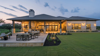 Twilight luxury home facade soft indoor lighting refined porch area and polished lawn.