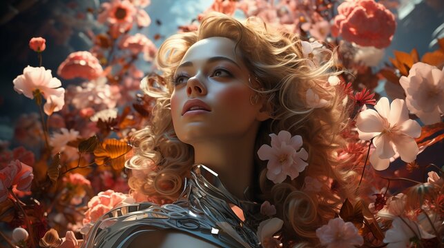 Portrait of woman adorned with metallic armor in vibrant flowers illustration. Floral beauty wallpaper scene artwork. Female warrior armored elegance background image digital art concept - Powered by Adobe