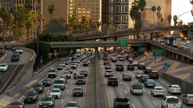 Los Angeles Downtown Busy 110 Freeway Traffic 100mm Telephoto Time Lapse California USA
