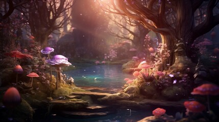 Obraz premium Glowing mushrooms and flora by serene pond illustration. Mystic grove. Magical haven at dusk wallpaper scene artwork. Forest tranquil waterside background image digital art concept