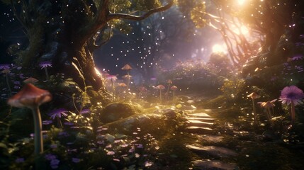 Sunlight filters through mystical forest illustration. Sunbeam canopy wallpaper scene artwork. Illuminating path surrounded by enchanted mushrooms flowers background image digital art