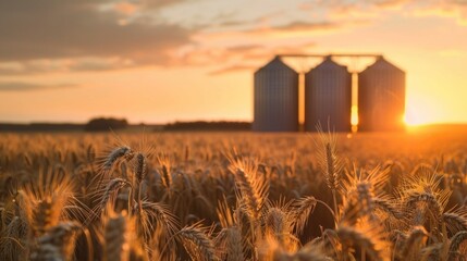 Field of wheat at sunset with grain silos in the back ground