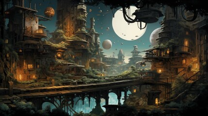 Enchanting night in city with celestial bodies 2D cartoon illustration. Magical metropolis flat image colorful scene horizontal. Fantasy moonlit cityscape wallpaper background art