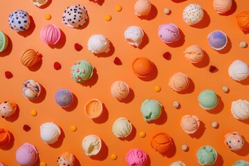 Colorful array of assorted ice cream flavors on a bright orange background