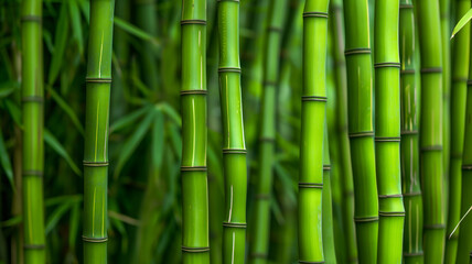 Lush green bamboo stalks closely packed, creating a natural and tranquil pattern.