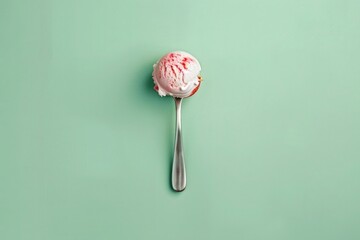 Mouthwatering strawberry ice cream scoop on a light green background,