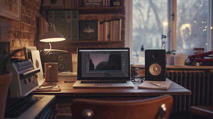 Calm Evening Workstation: Aesthetic Desk Setup with Laptop, Coffee, and Lamp
