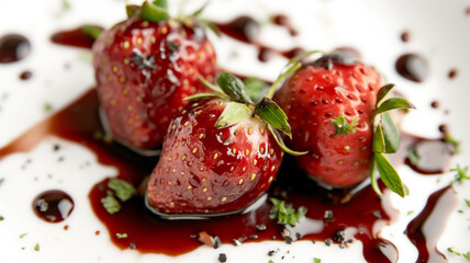 Juicy strawberries glazed with balsamic reduction, garnished with fresh herbs on a white plate.