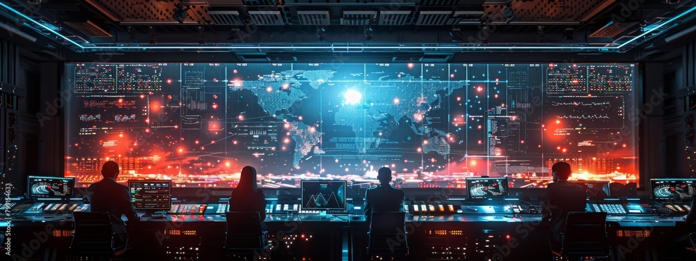 Poster advanced cybersecurity command center with operators monitoring global digital threats on massive in