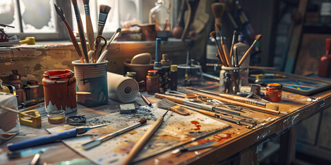 Close-up of a museum conservator's desk with restoration tools and conservation materials, symbolizing a job in art conservation