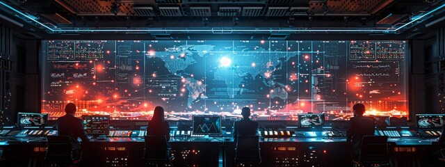 Advanced Cybersecurity Command Center with Operators Monitoring Global Digital Threats on Massive Interactive Holographic Display