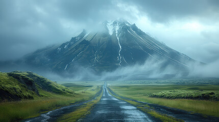 A road leading to the misty mountain in Iceland, green grass on both sides of the asphalt road. Created with Ai
