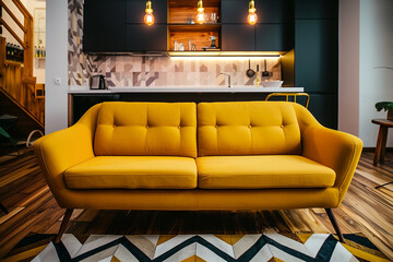 A cozy modern living space with a mustard yellow, mid-century modern sofa taking center stage. The room features warm wooden floors and a geometric area rug. Behind, 