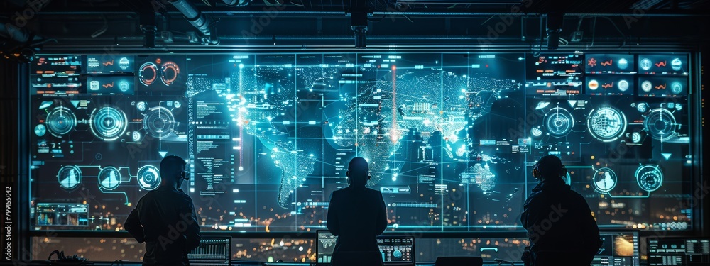 Poster advanced cybersecurity command center with operators monitoring global digital threats on massive in