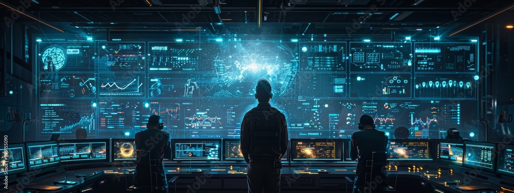 Poster ai and cybersecurity integration in digital battleground: high-tech war room with real-time data def